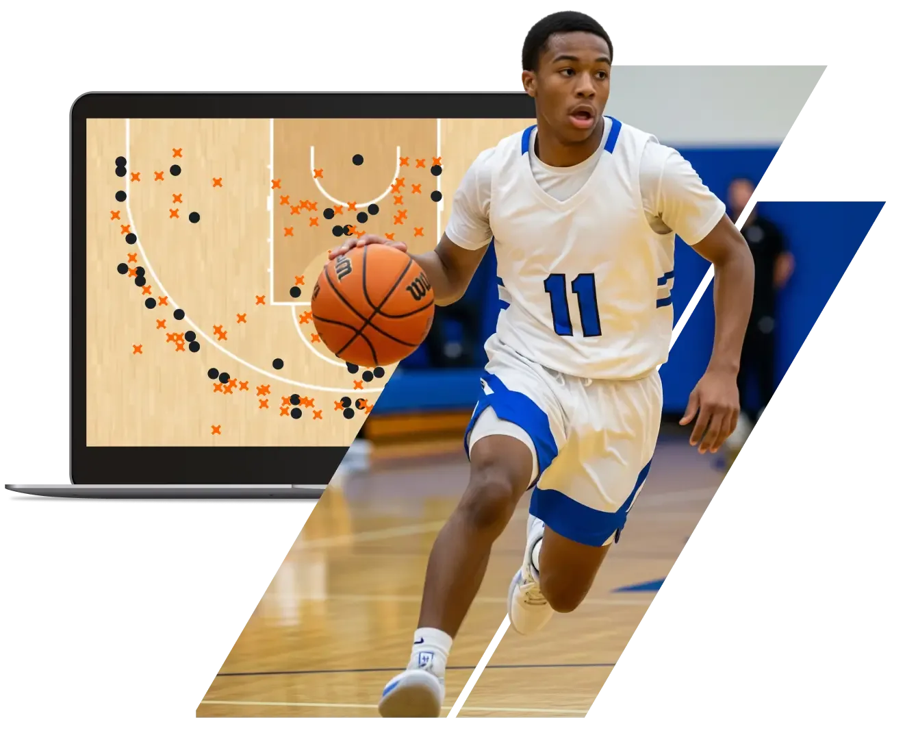 A basketball player dribbling the ball, juxtaposed with a laptop screen displaying a basketball court with various shot locations marked by black circles and orange 'X's.