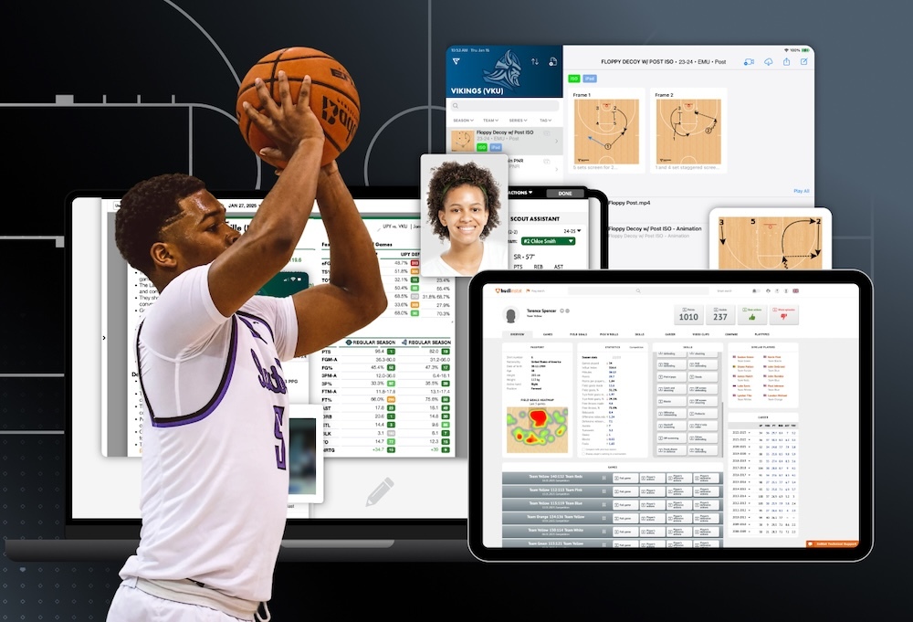 A basketball player shooting, with several reports and stats overlaid in the background.