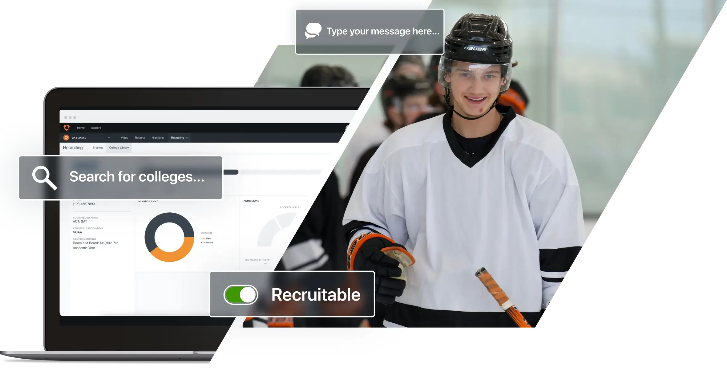 A sports recruitment and technology collage split diagonally into two main sections against a stark black-and-white background.
