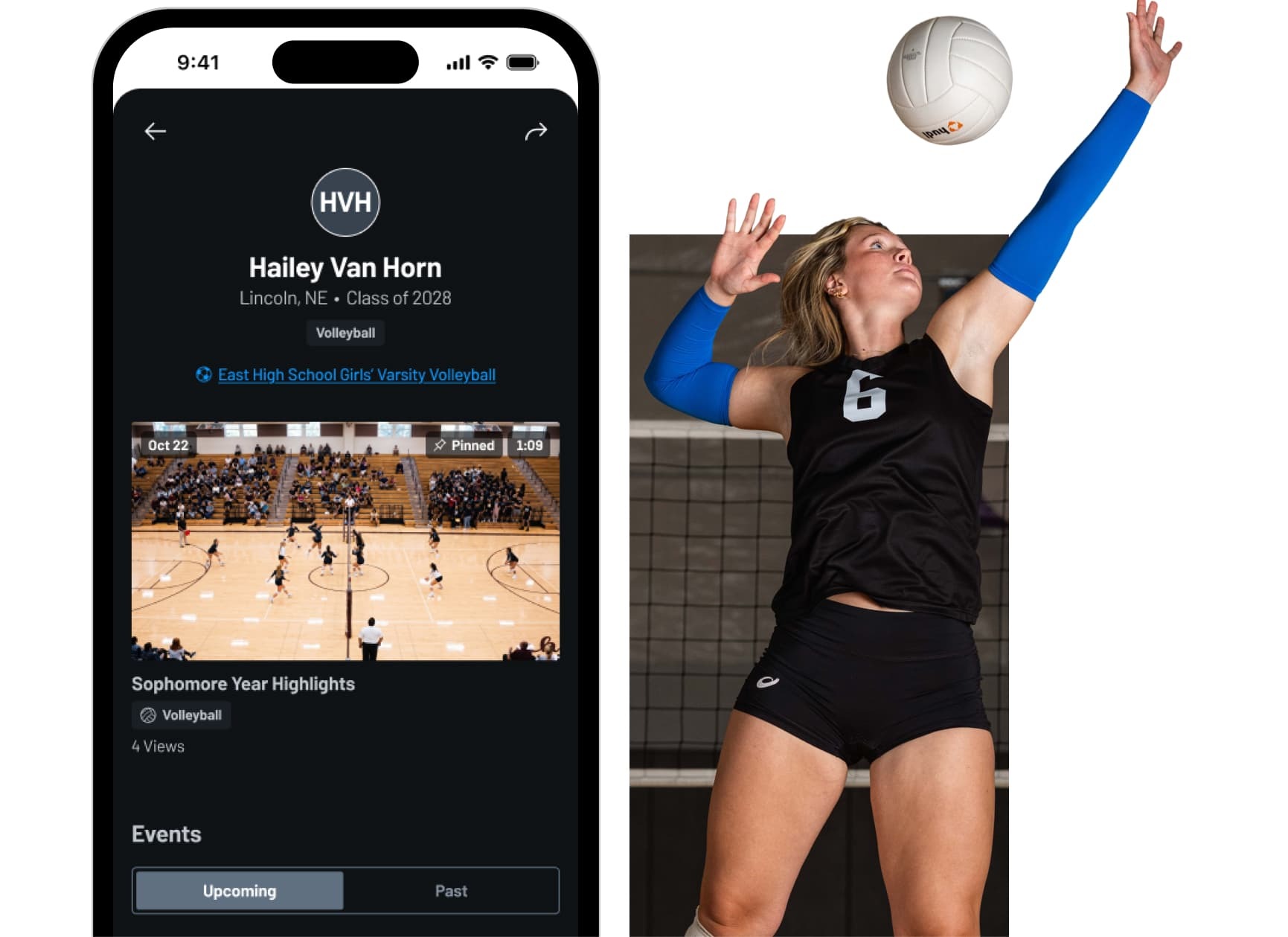 A volleyball athlete next to UI of her Hudl athlete profile