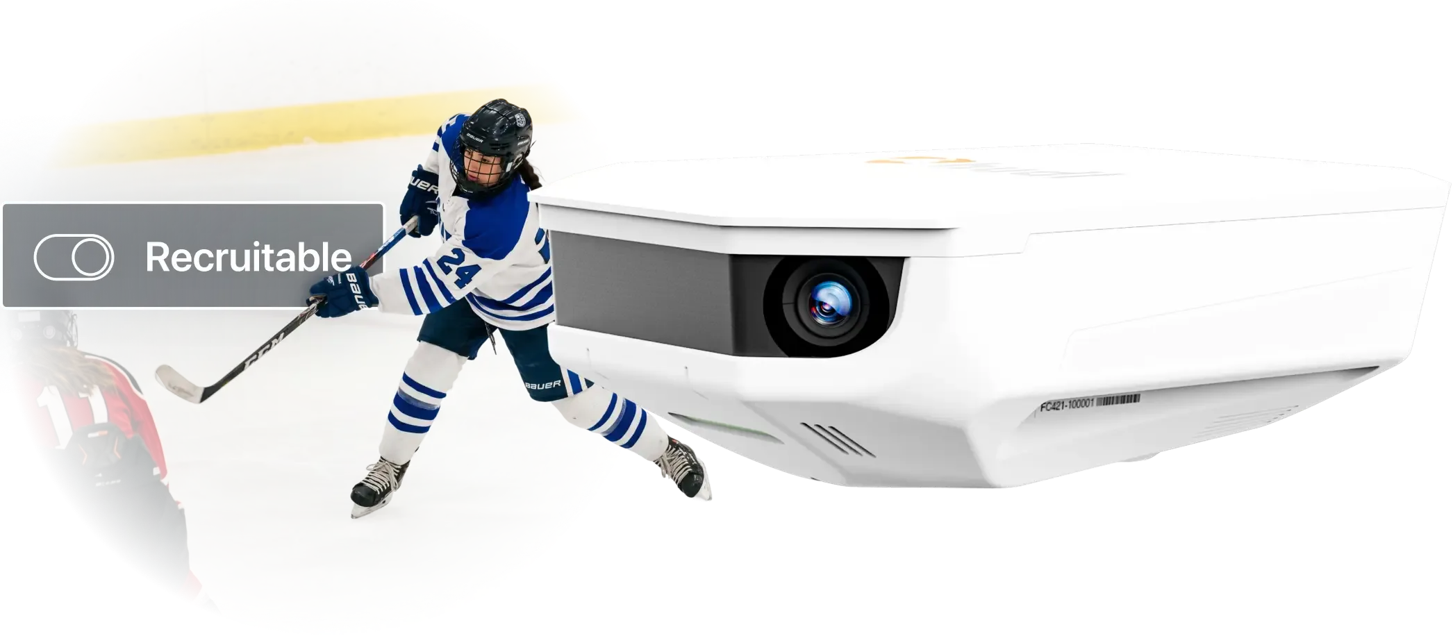 A sports technology collage featuring a Hudl smart camera on the right, and an ice hockey player in a blue and white uniform skating on an ice rink with a 'Recruitable' toggle button on the left.