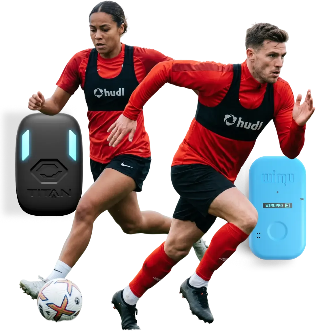 A sports technology collage featuring a female soccer player and a male athlete sprinting in red kits and black Hudl vests, flanked by a black Titan wearable sensor with blue lights on the left and a light blue WIMU PRO tracking device on the right.