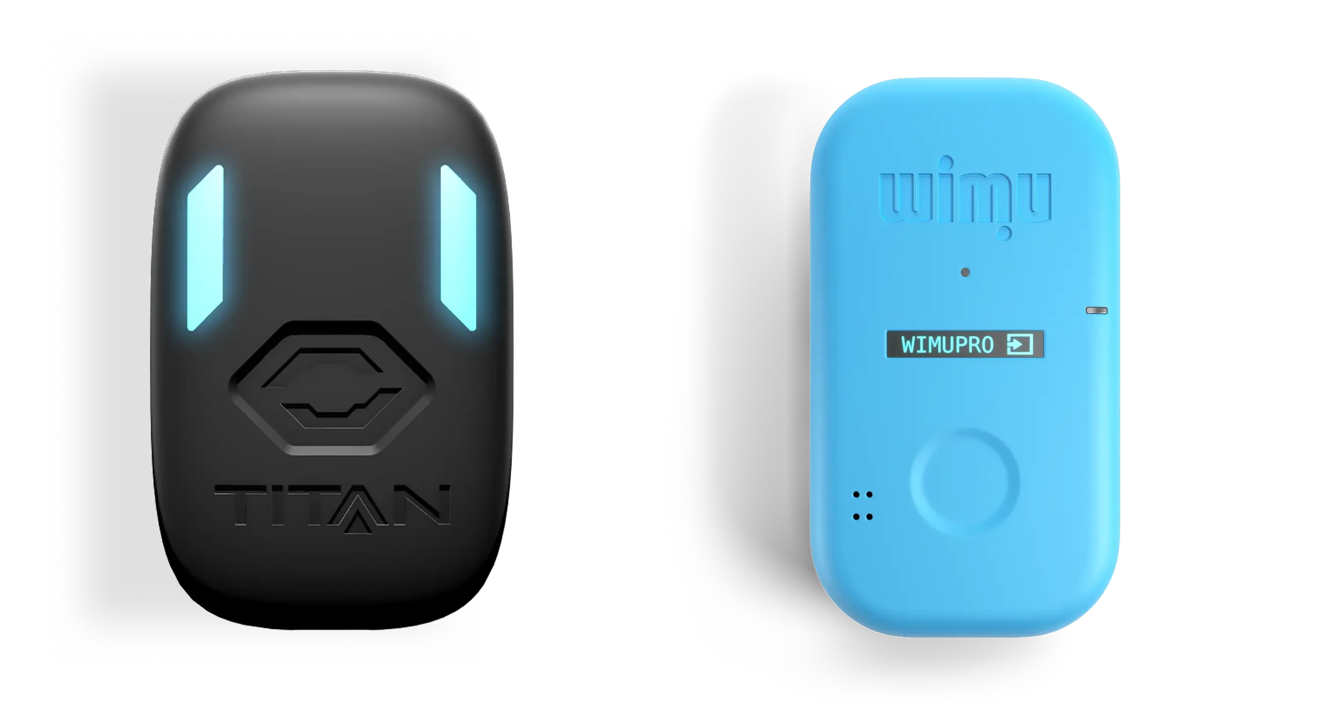 A side-by-side product comparison showing a black Titan wearable GPS sensor with glowing teal LED indicators on the left, and a light blue WIMU PRO athlete tracking device on the right.