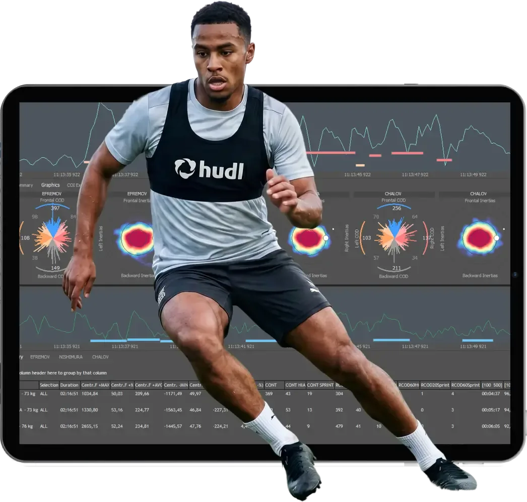 An athlete in motion wearing a black Hudl performance tracking vest, superimposed over a tablet screen displaying highly detailed sports analytics dashboards, including inertial heatmaps, change-of-direction vector plots, and tabular performance metrics.