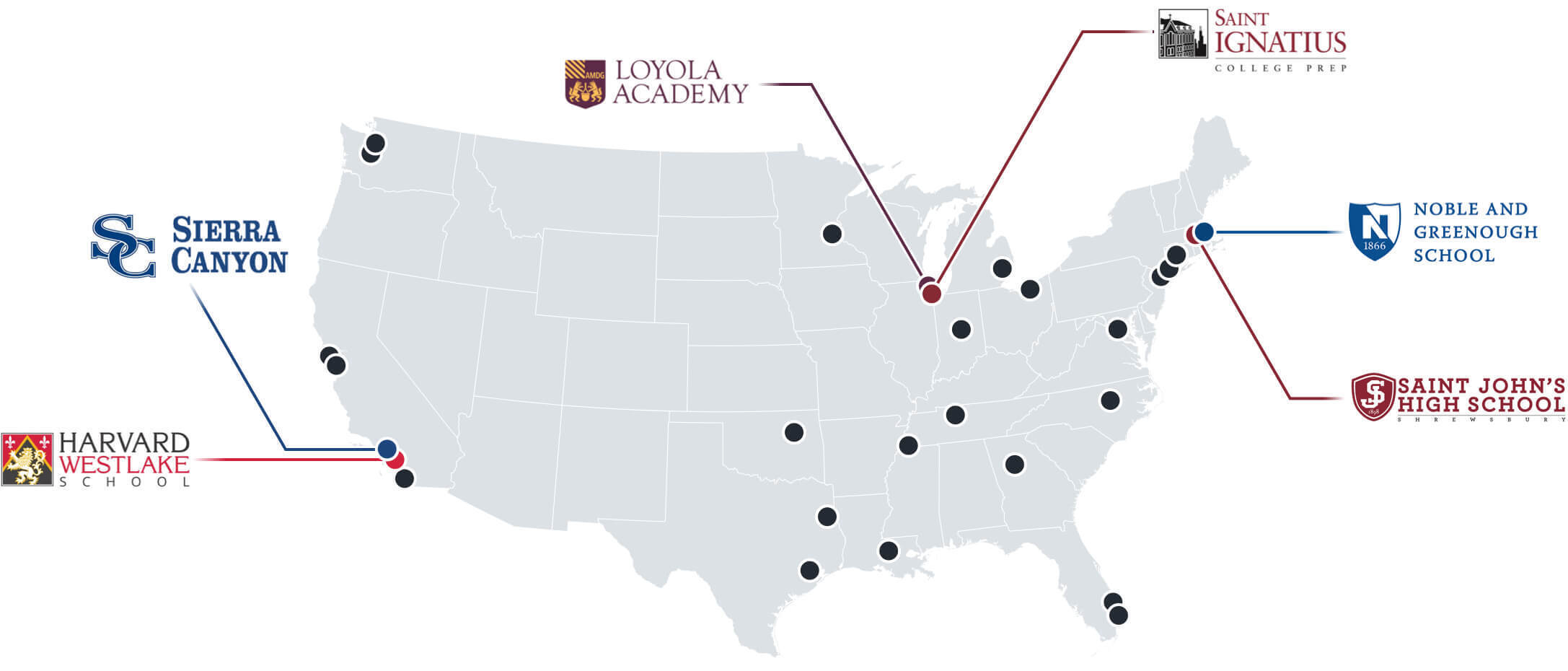 Map of the United States with dots on the schools with partnerships, including the logos of six.