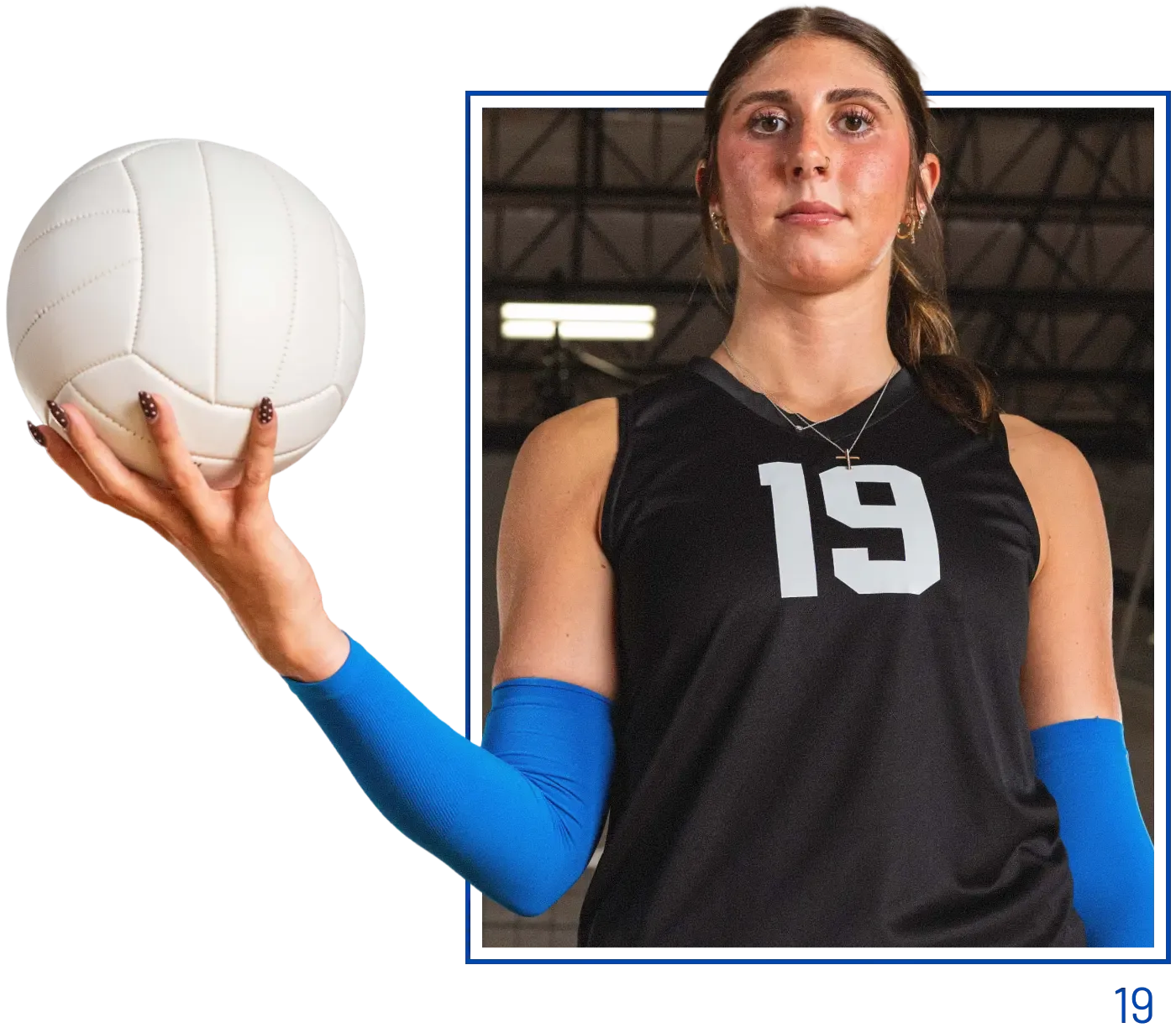 A volleyball player standing with a volleyball in her hand