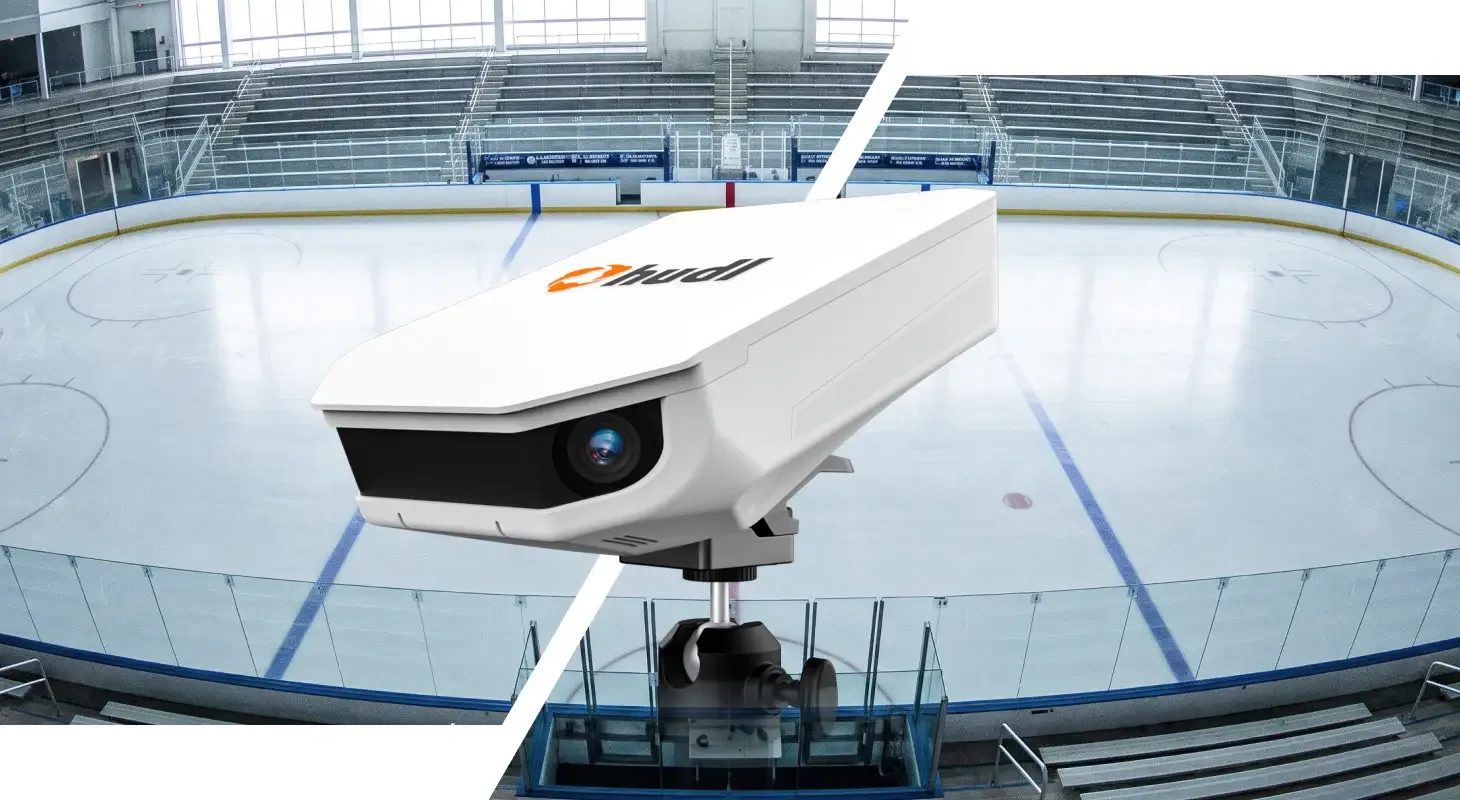a Hudl Flex camera filming a hockey game