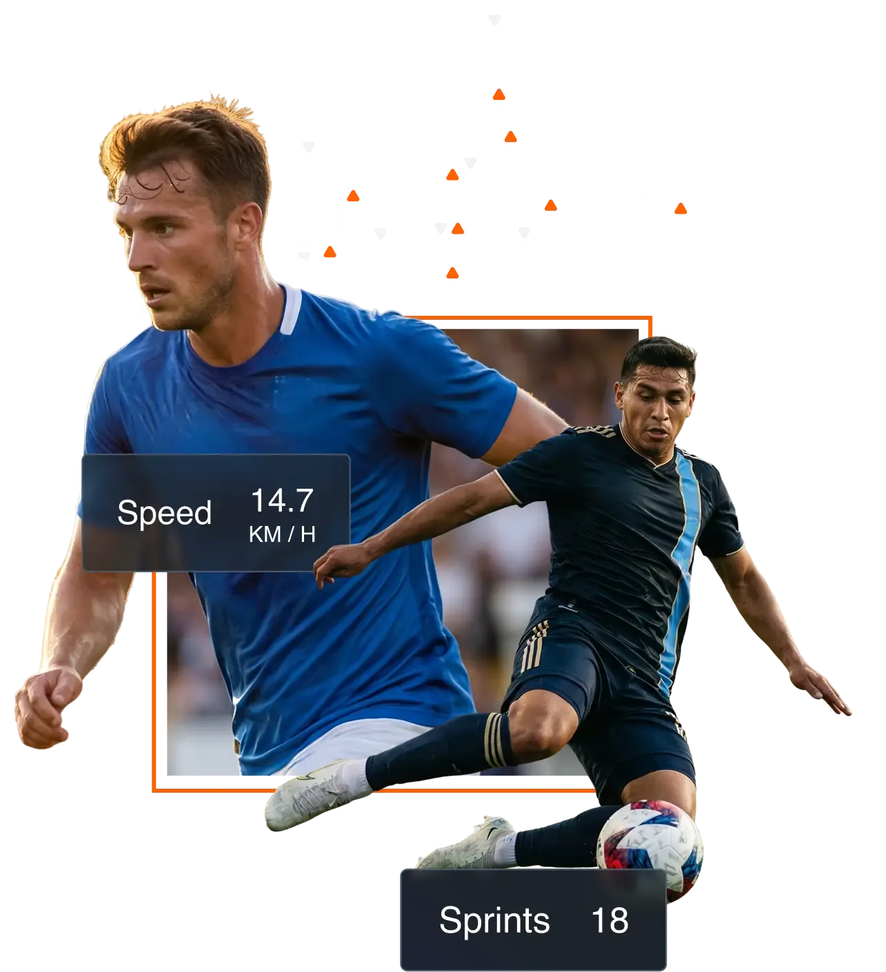 A sports analytics collage featuring two football players in action, a 2D spatial tracking map of player positions, and data callouts for a speed of 14.7 KM/H and a count of 18 sprints.