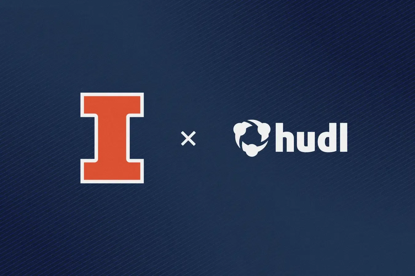 A partnership graphic featuring the orange block 'I' logo of the University of Illinois on the left and the white Hudl logo on the right, separated by a white 'x' symbol on a dark blue textured background with diagonal lines.