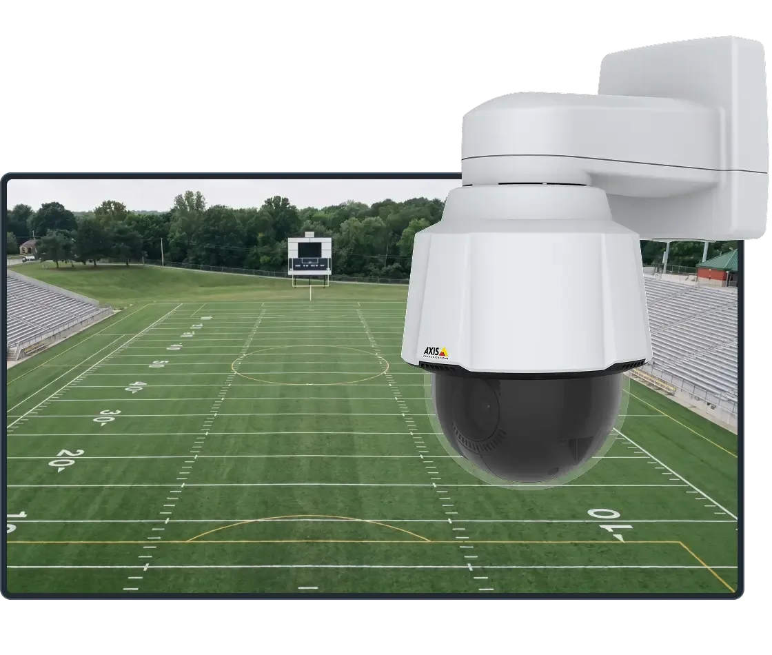 A Hudl Focus LR Camera overlaid on top of a football field