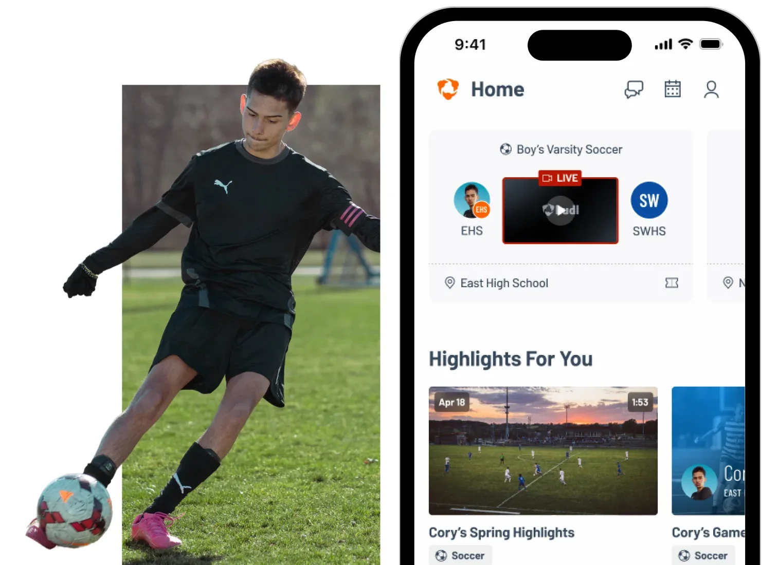 A soccer athlete next to UI of the Hudl app