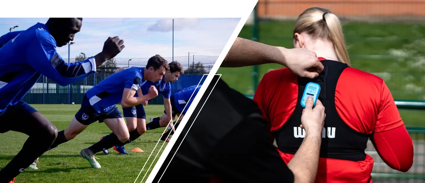 Two images: the first image is three male athletes running a drill, and the second is a female athlete putting on a wearable tracker over her jersey