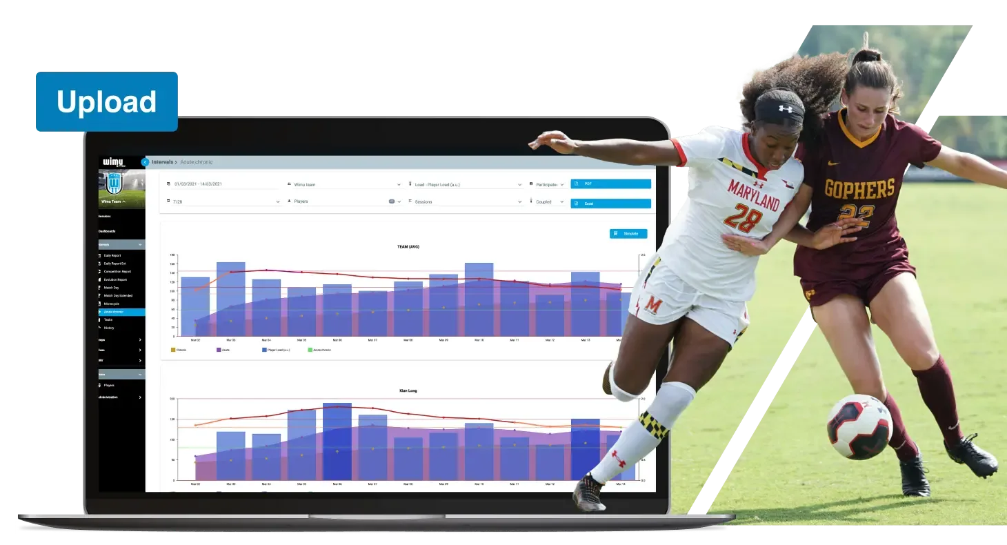 User interface of WIMU analytics next to two female athletes