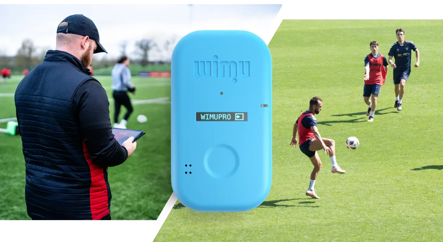 A coach reviewing stats, and athletes kicking a ball with a WIMU tracker on top