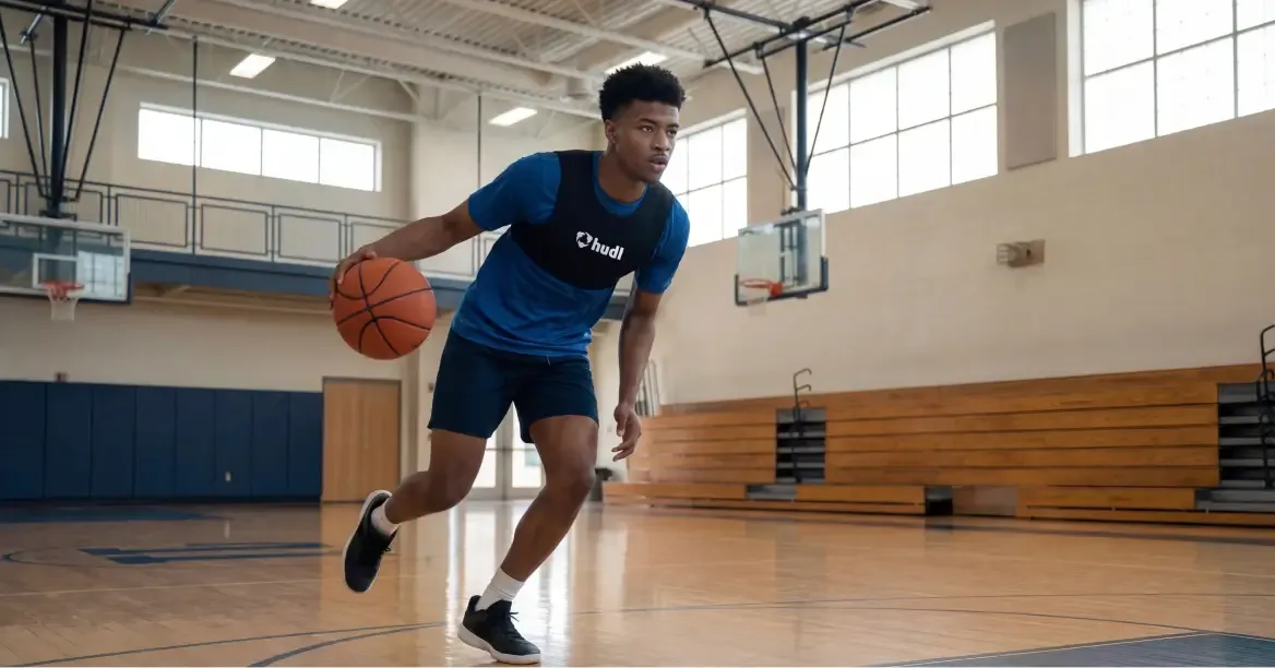 A young male basketball player in a blue t-shirt and black Hudl-branded athletic vest dribbling a basketball past orange cones on an indoor court.
