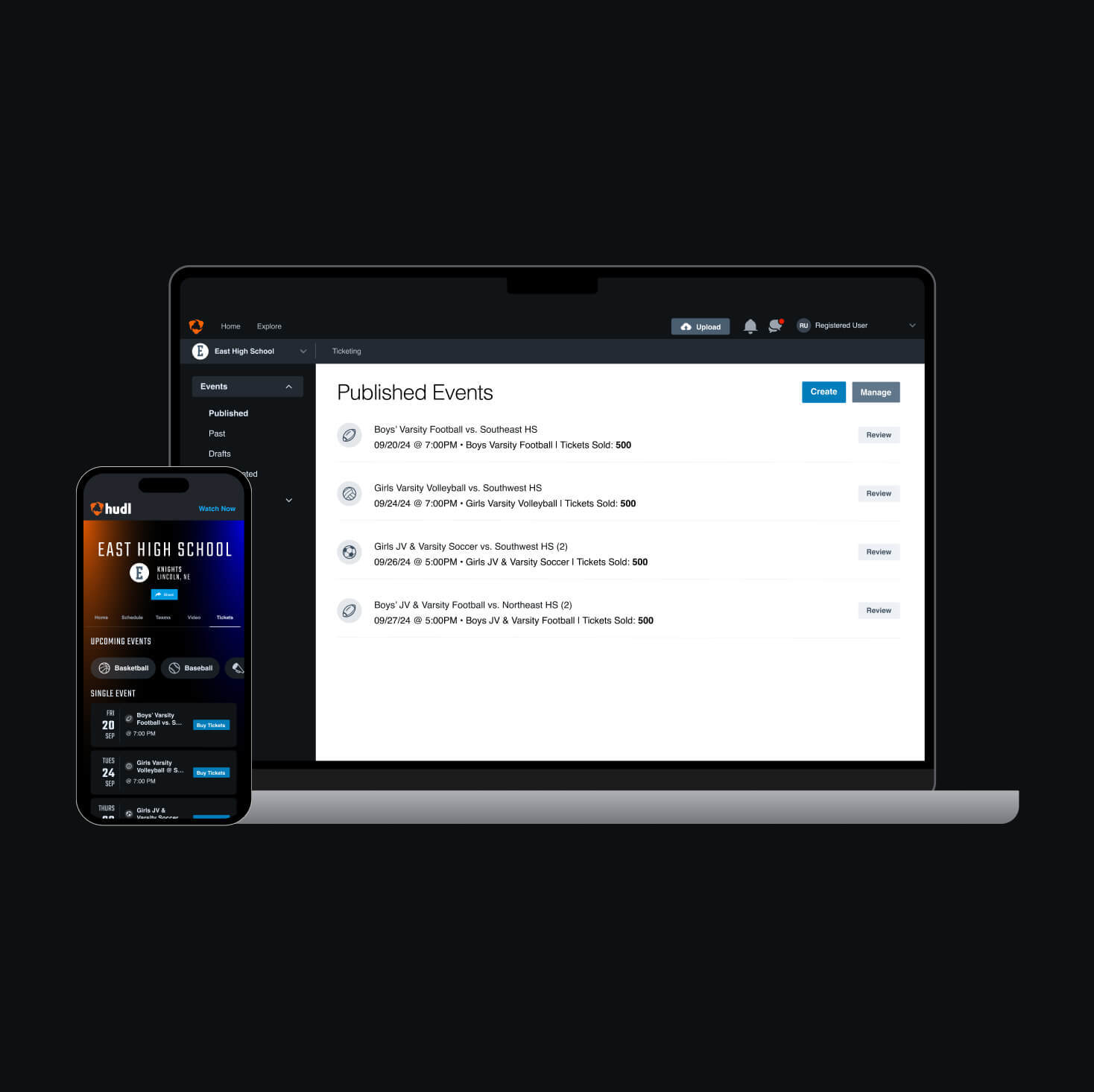 Photoillustration of a laptop showing the management of a team's schedule, and a mobile device showing the public-facing team schedule on fan.hudl.com