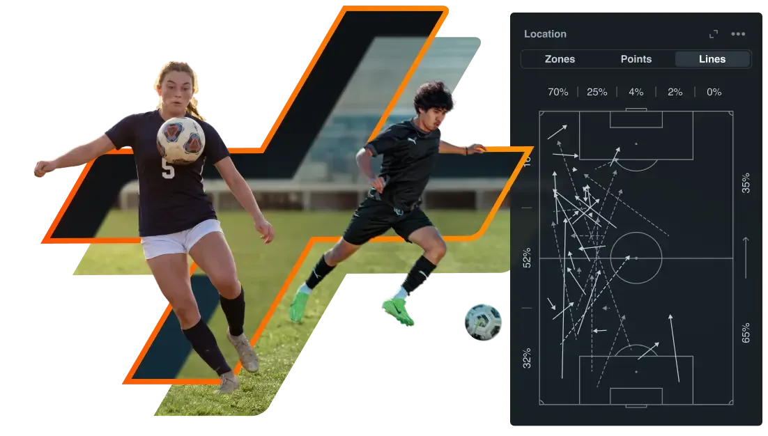 A analytics dashboard interface titled 'Matches' displaying detailed soccer tracking statistics, overlaid with a graphic showing percentage bar charts, numeric performance metrics, and a miniature technical breakdown diagram.
