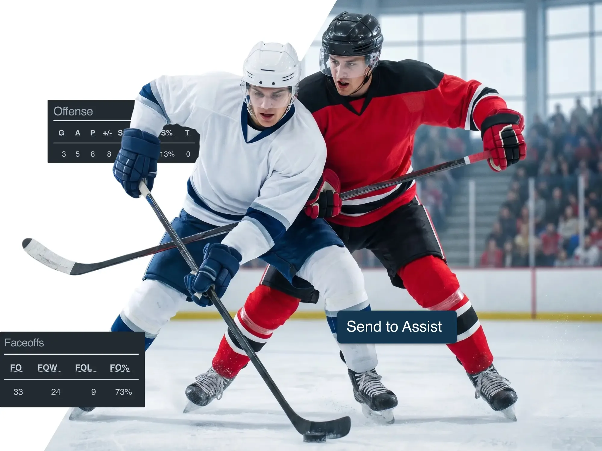 Hockey players on the ice fielding the puck with stat reports and a Send to Assist button overlaid