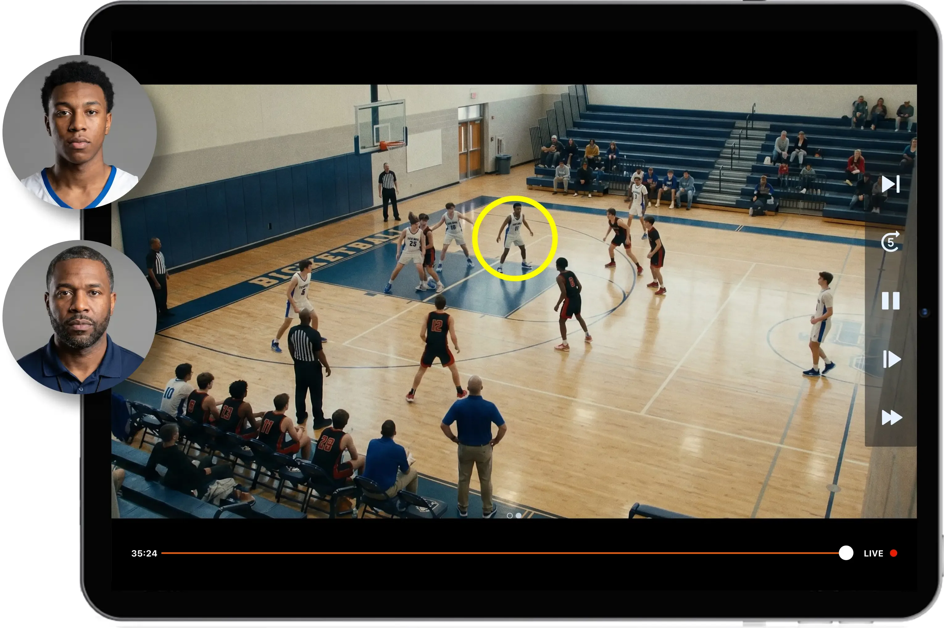 Basketball UI showing a note from a coach