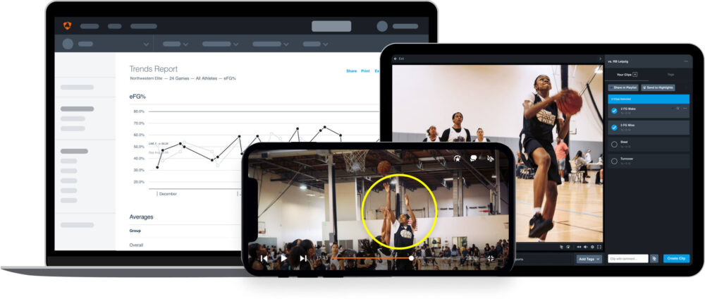 Hudl stat reports and video review on a computer, tablet and phone.