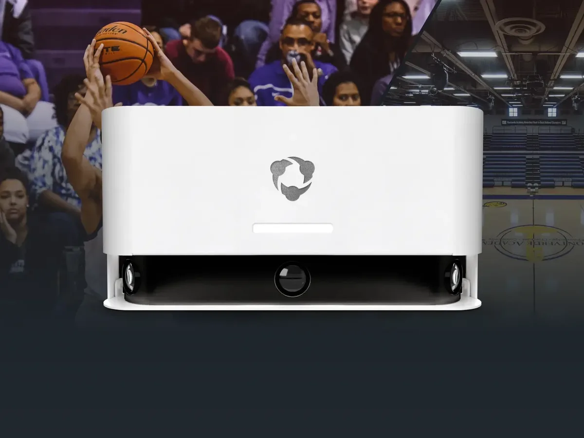 A Hudl Focus Indoor camera overlayed on top of photos of a basketball athletes and a high school gym