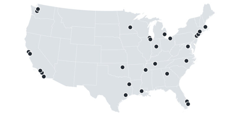 Map of the United States with dots on the schools with partnerships.