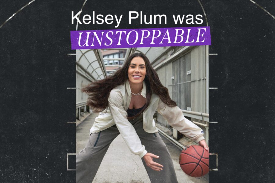 Kelsey Plum dribbling a basketball outside on a sidewalk, with a text overlay reading, "Kelsey Plum was unstoppable."