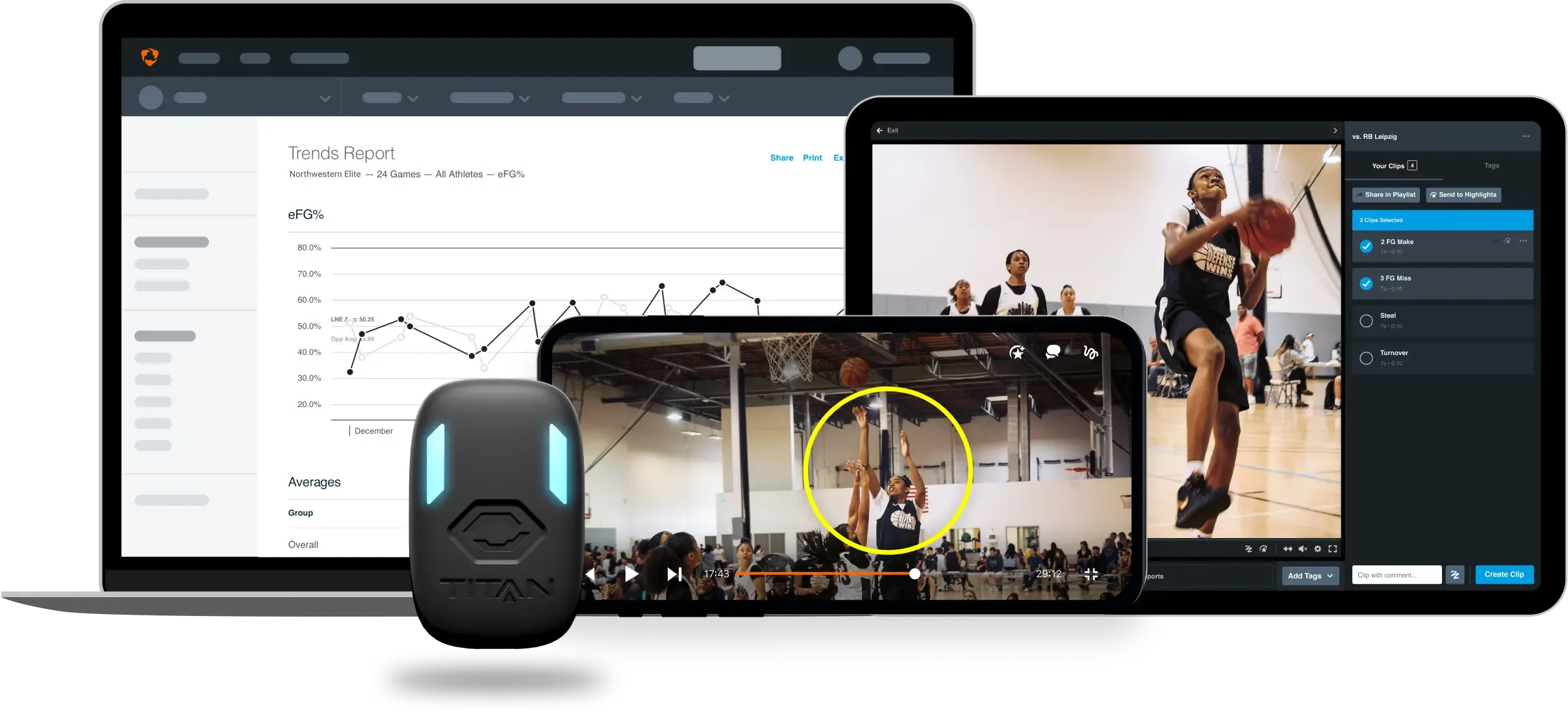 A collection of basketball performance technology featuring a black Titan wearable sensor in the foreground. Background elements include a laptop showing an eFG% trends report, a smartphone displaying a video clip of a game with a player highlighted in a yellow circle, and a tablet showing a full-screen video of a player mid-shot alongside a clip-tagging interface.