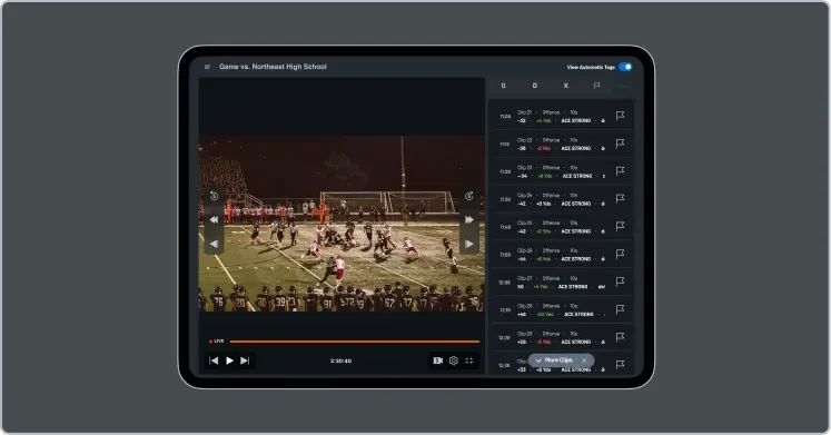 iPad showing the Hudl app and a collection of football clips.