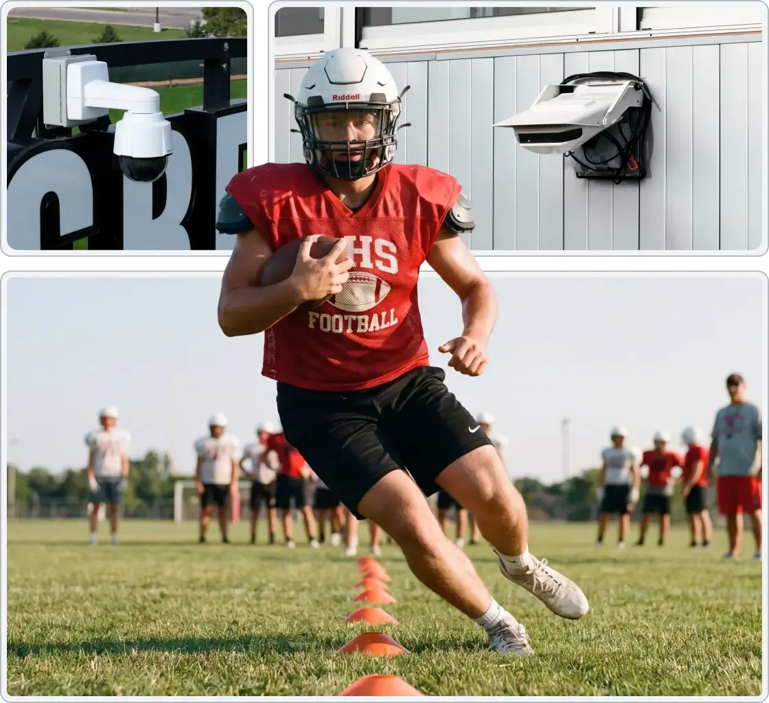 Photoillustration of a male, high school football athlete doing drills at practice, combined with photos of a Hudl Focus Outdoor and Focus Point camera.