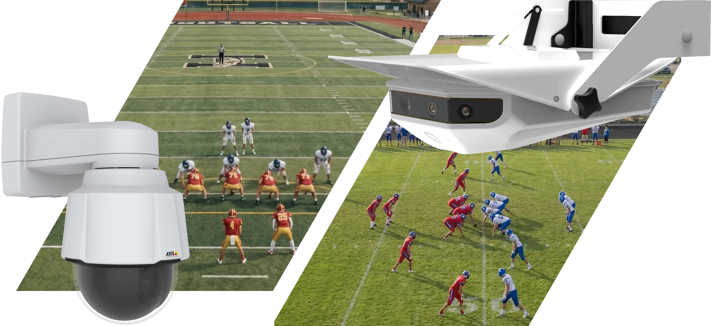 Photoillustration of a Focus Outdoor camera capturing a sideline angle from midfield combined with Focus Point LR capturing the endzone angle.