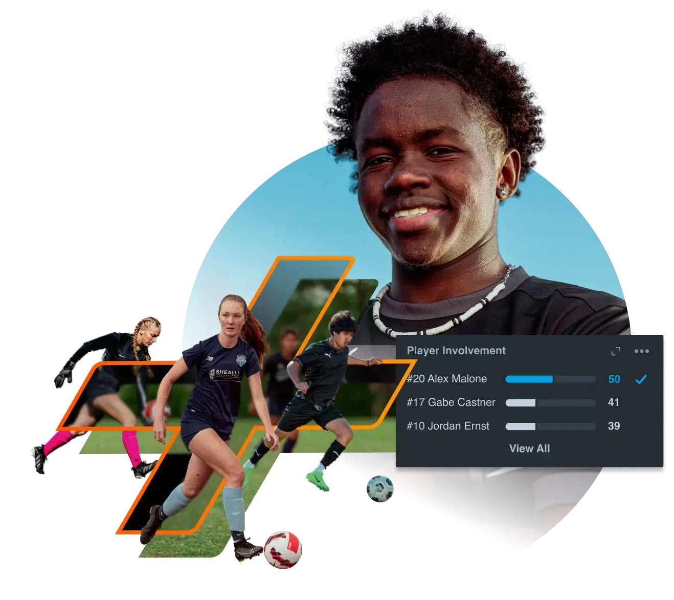 Photoillustration of multiple youth athletes, along with a reporting overlay depicting measurement of player involvement..