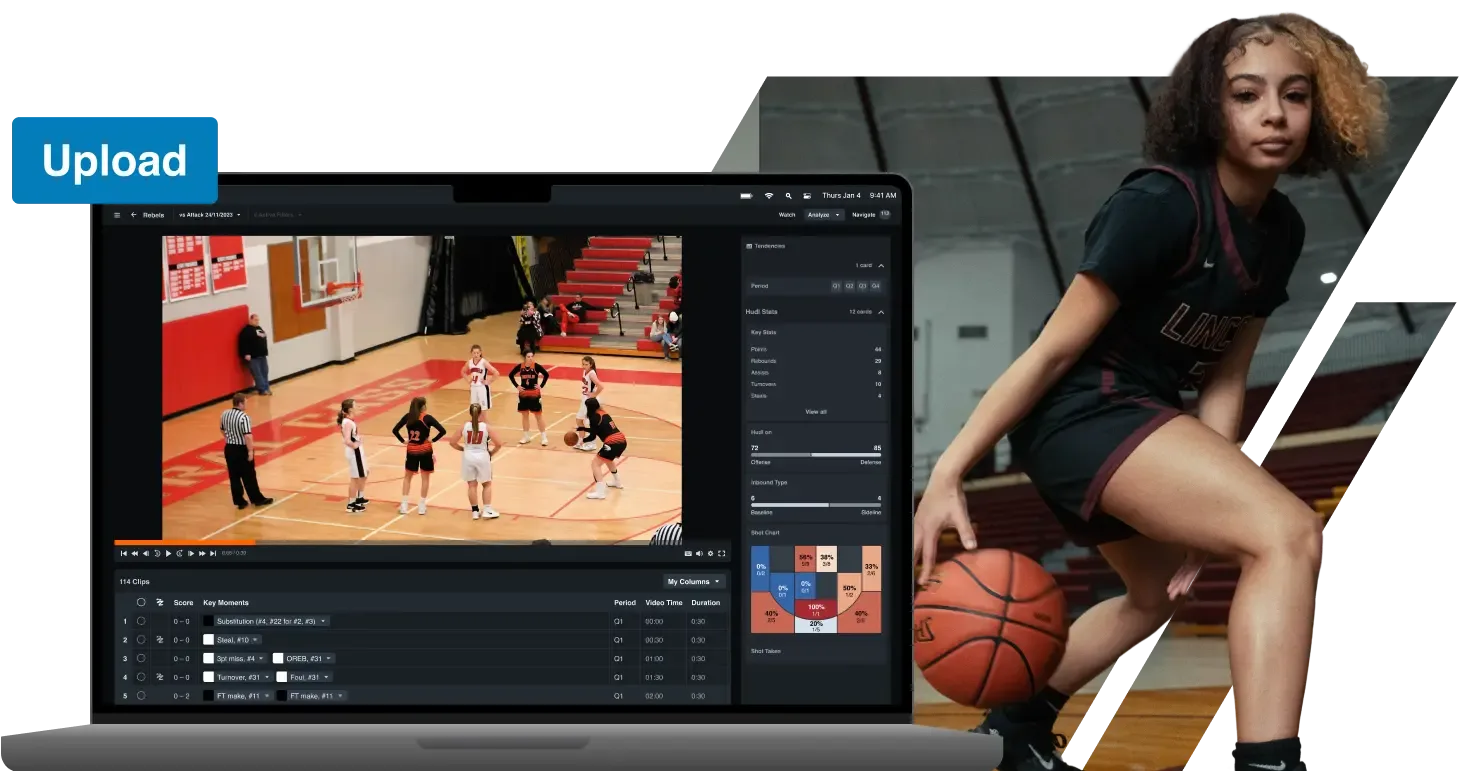 A basketball player dribbling the ball, with an overlay of the Hudl analysis platform showing game footage and data.
