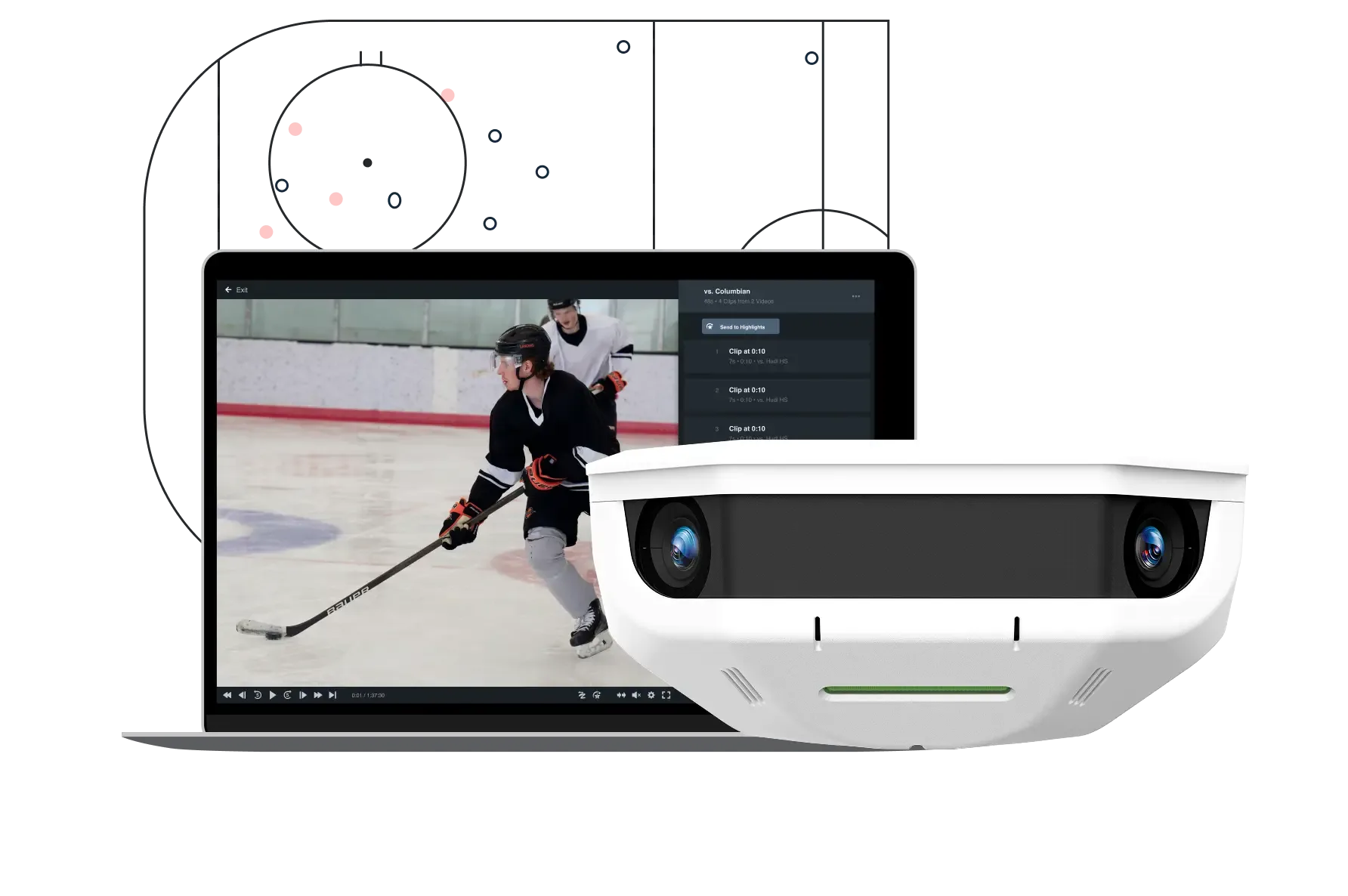 A sports technology collage featuring a white dual-lens Hudl smart camera in the foreground, with a laptop screen in the background displaying ice hockey match video and clip options, overlaid on a minimalist line drawing of a hockey rink diagram with tracking dots.