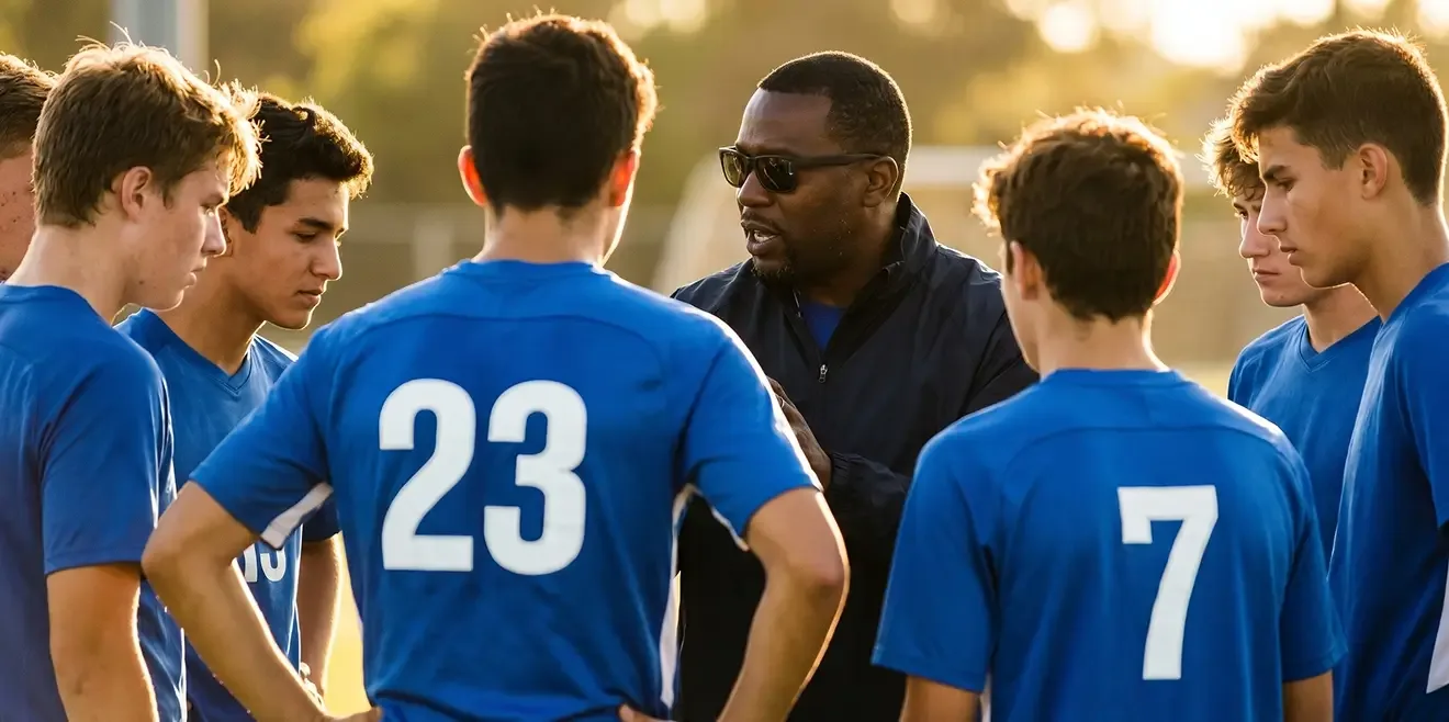 A coach wearing sunglasses addresses a huddle of young male soccer players in blue jerseys during a team meeting on the field.
