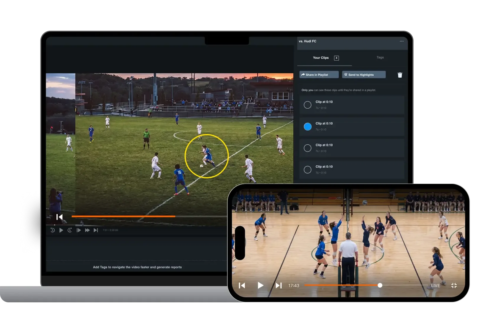 A sports analysis technology collage showing a laptop playing a soccer match video with a yellow circle highlighting a player and a clips sidebar on the right, overlaid with a smartphone in the foreground playing a live volleyball match video.