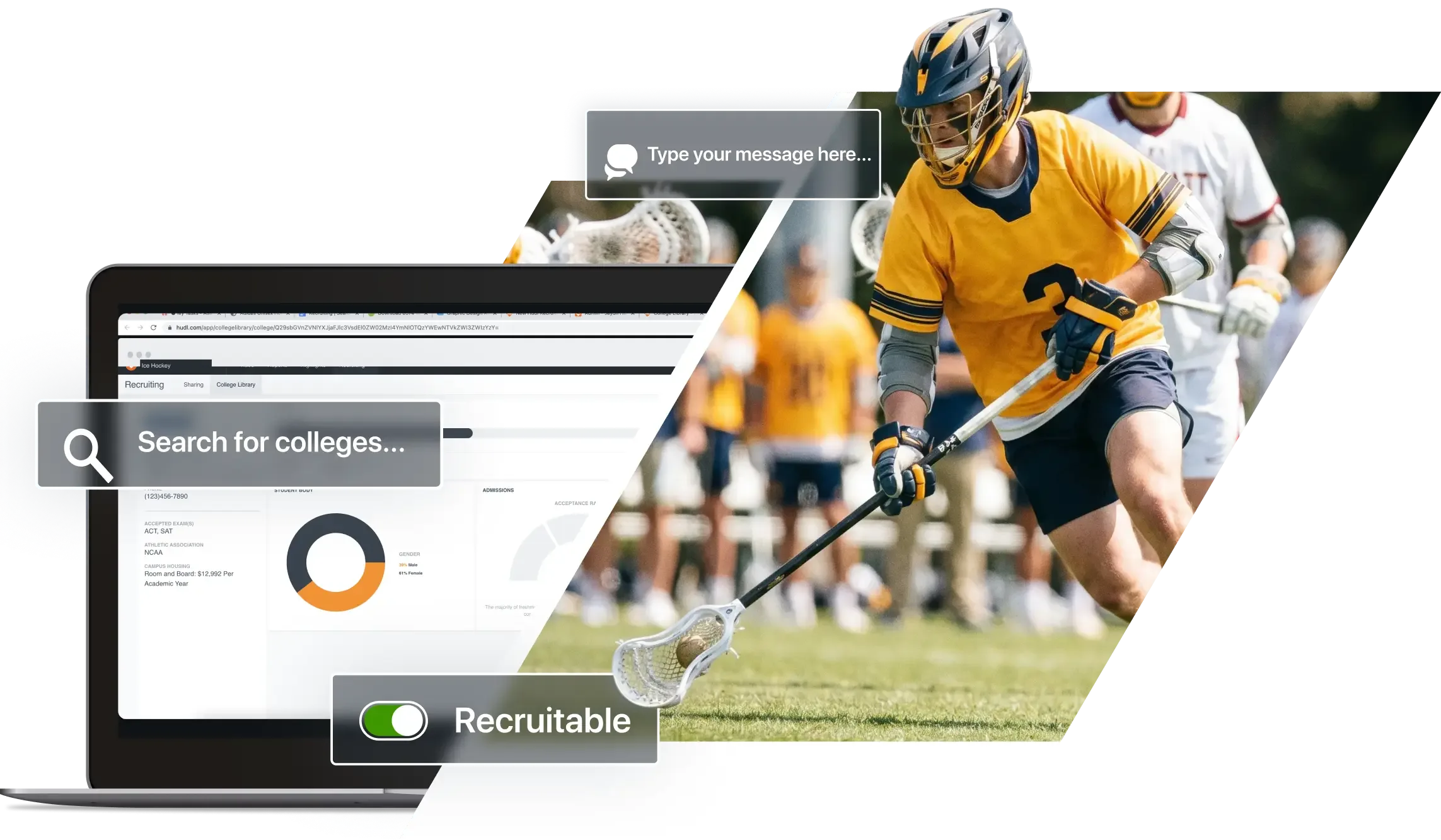 A sports recruitment and technology collage split diagonally, featuring a male lacrosse player running on a field with his stick on the right, and a laptop showing a recruitment dashboard with demographics and search overlays on the left.