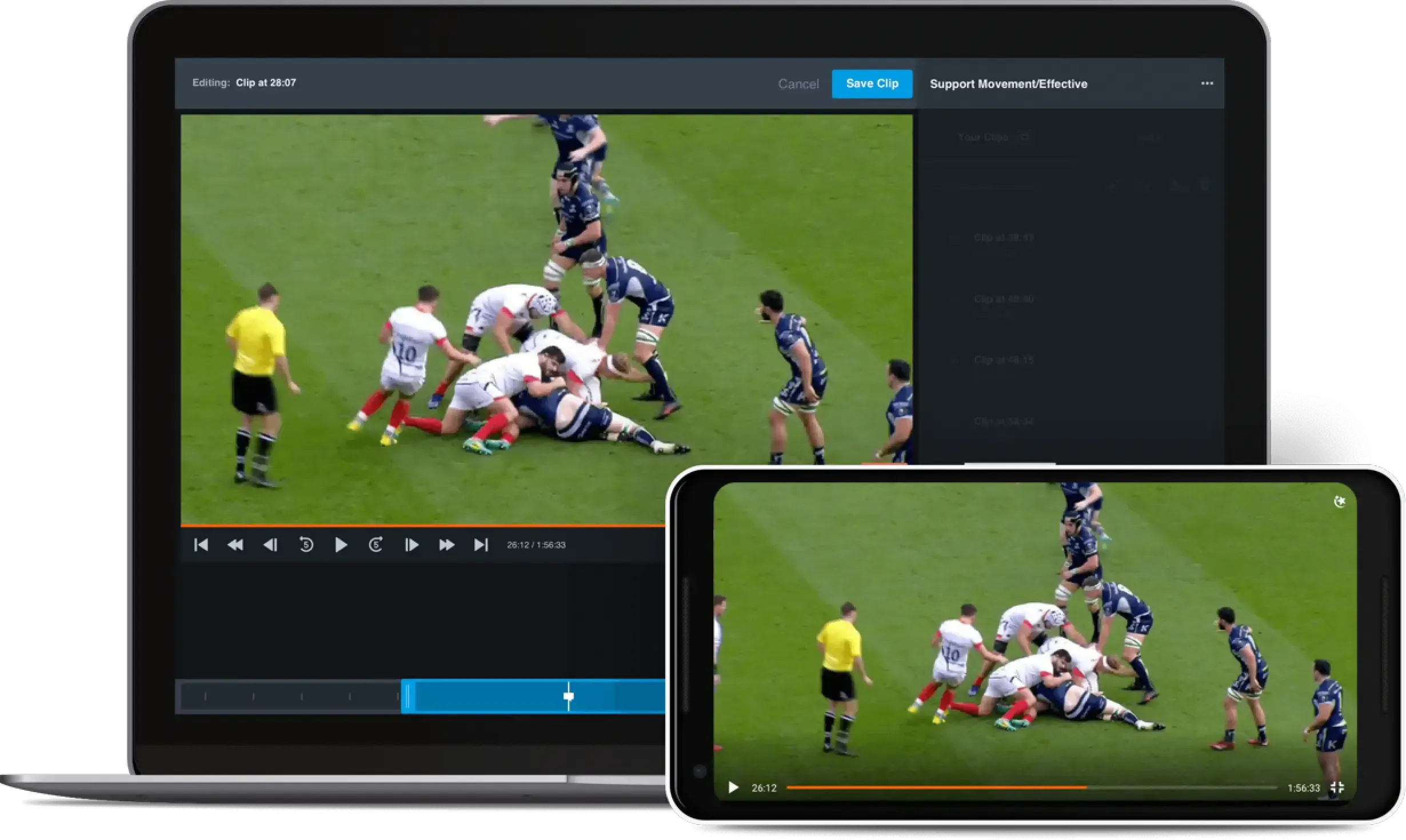 Device captures of rugby matches on a laptop and mobile phone showing the Hudl product interface.