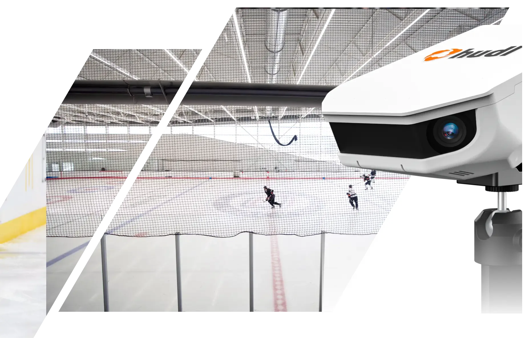A sports technology collage split diagonally, featuring a close-up of a white tripod-mounted Hudl smart camera on the right, and an indoor ice hockey rink with players practicing behind a safety net on the left.