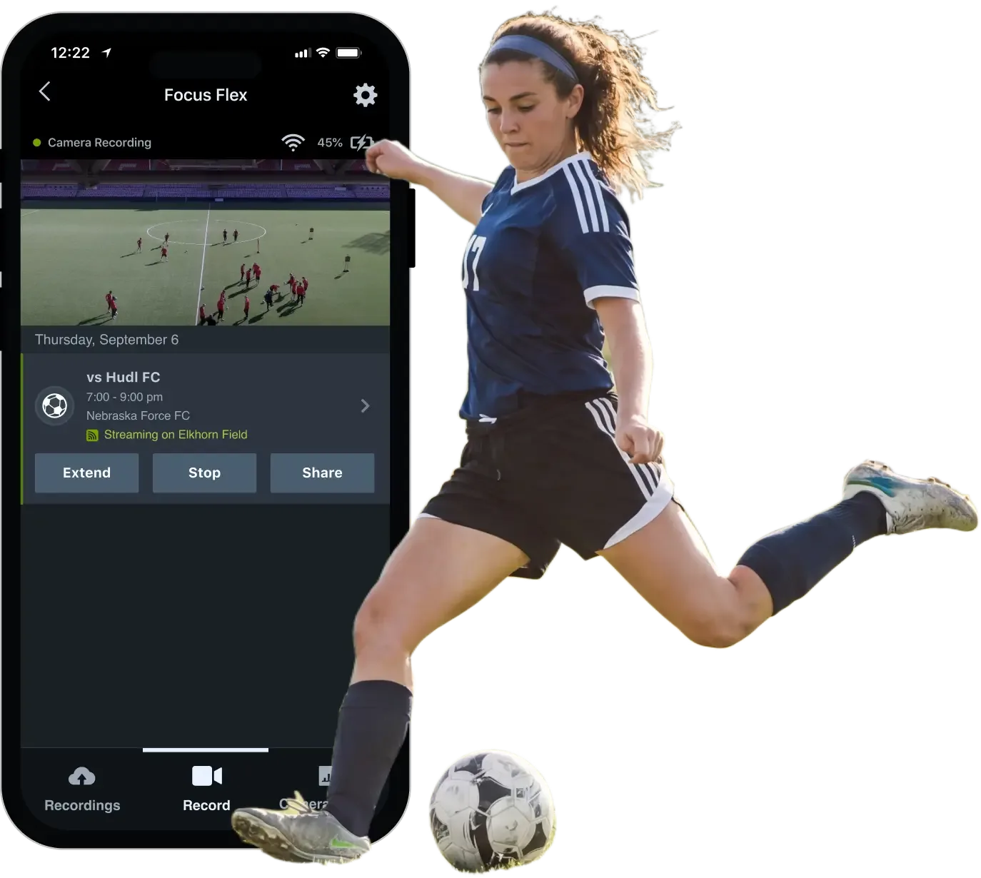 A sports technology collage featuring a female soccer player kicking a soccer ball, next to a smartphone displaying the Hudl 'Focus Flex' mobile app interface showing a live field recording and streaming controls.