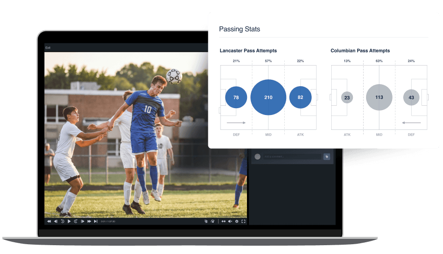 A laptop displaying soccer analytics software, featuring a match video of a player heading a ball on the left, overlaid with a 'Passing Stats' panel on the right comparing 'Lancaster Pass Attempts' and 'Columbian Pass Attempts' across defensive, midfield, and attacking zones.