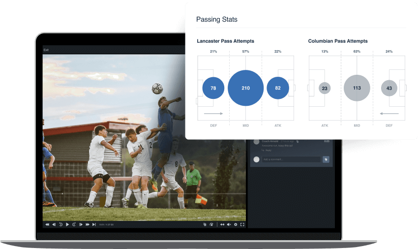 A laptop displaying a football match in Hudl, paired with passing stats