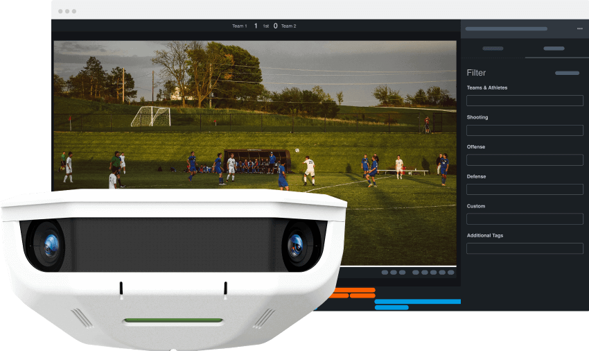 A Focus Flex camera next to a Hudl screen showing a football match
