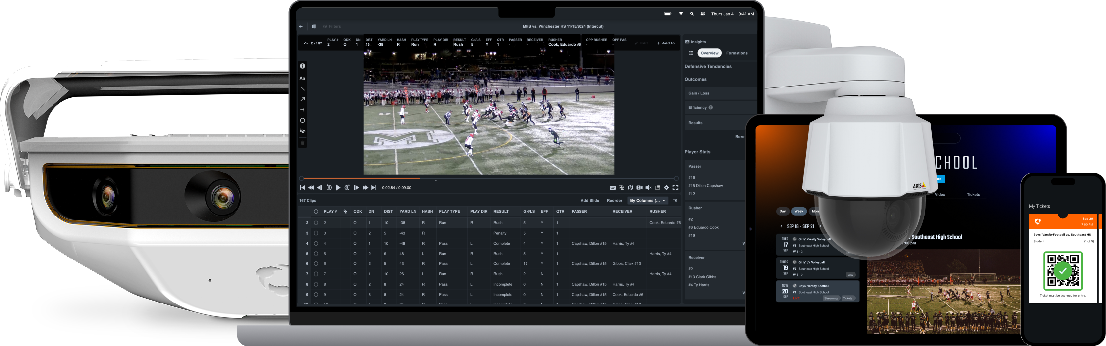 A white Hudl Focus camera is shown with a laptop displaying Hudl football analysis software showing a game, a tablet with an East High School team profile, and a smartphone with a digital ticket.