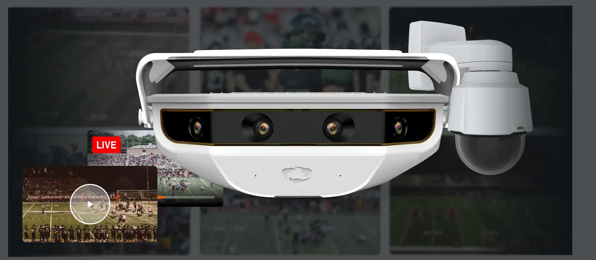 A white Hudl Focus camera positioned in the foreground, with a live football game stream on the right and a recorded game video playback on the left.