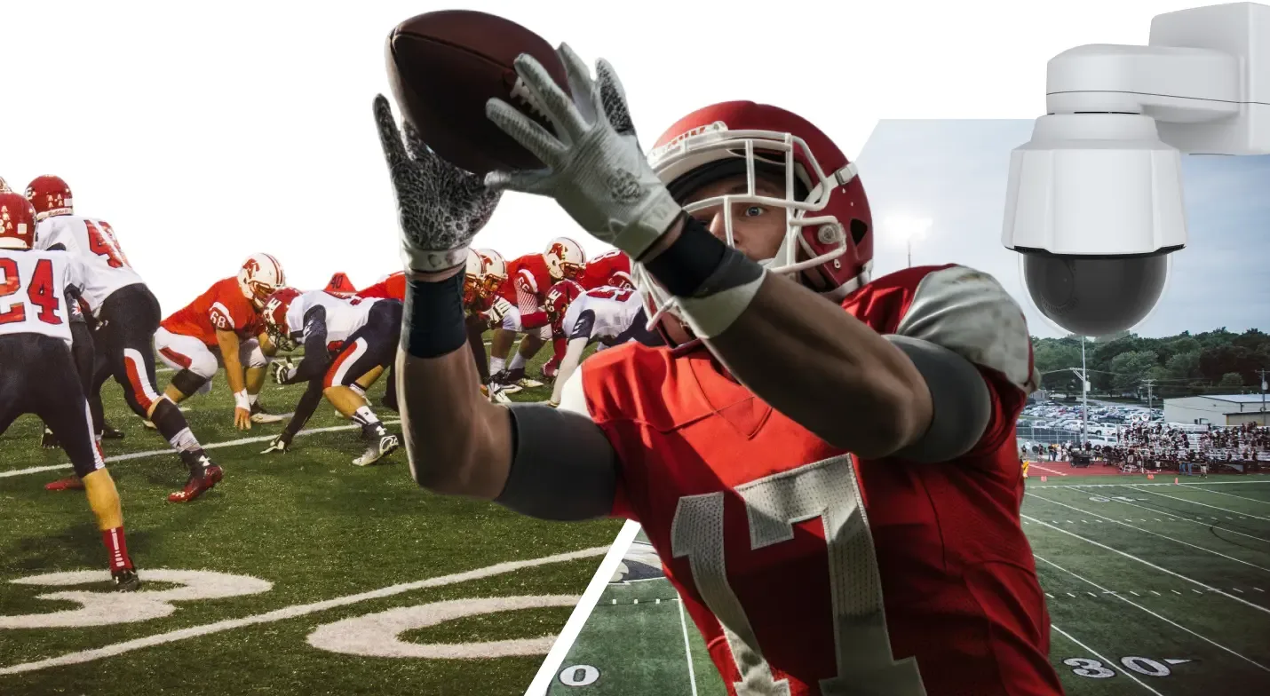 A split-screen graphic of American football action. On the left, several players in red and white uniforms are lined up at the scrimmage line on a grass field. On the right, a close-up shows a player in a red jersey with the number 17 catching a football, with a Focus Point LR camera mounted in the upper right corner overlooking a stadium.