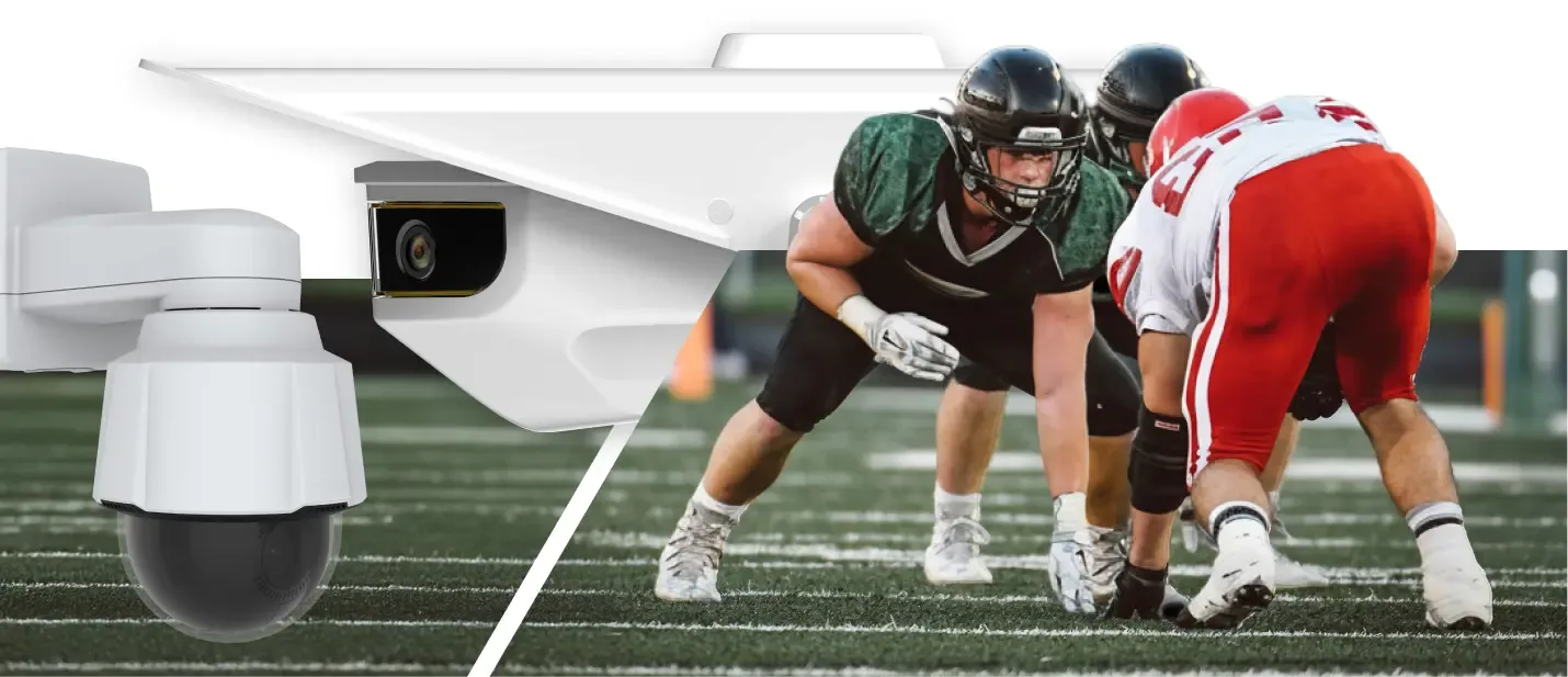 A split-screen graphic of American football action. On the left, a Hudl Focus LR camera and a Hudl Focus smart camera are shown. On the right, three football players—two in black jerseys and one in red—are in a three-point stance on a turf field during a line-of-scrimmage setup.