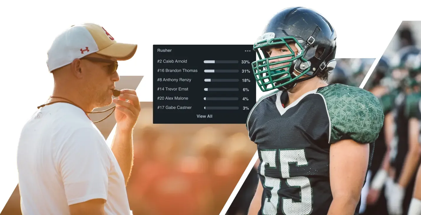 A split-screen graphic of American football action. On the left, a coach in a white shirt and tan cap blows a whistle. On the right, a football player in a black and green jersey with number 55 stands in a helmet. A floating data window in the center displays "Rusher" statistics for various players.