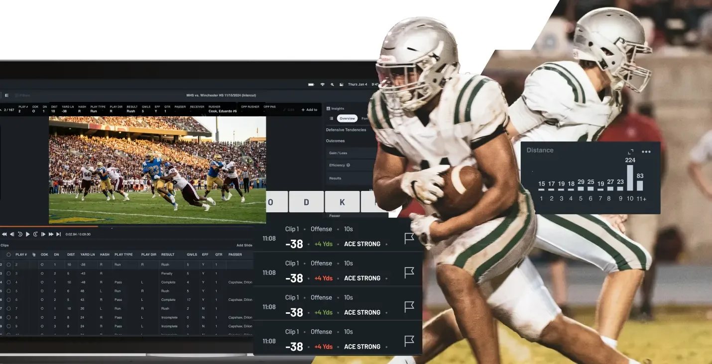 A split-screen graphic of American football action. On the left, a laptop displays a detailed game film analysis interface with play-by-play data. On the right, two football players in white and green striped jerseys are in motion, with one player carrying the ball. Floating data overlays show offensive clip details like "+4 Yds" and an "ACE STRONG" formation, alongside a "Distance" bar chart.