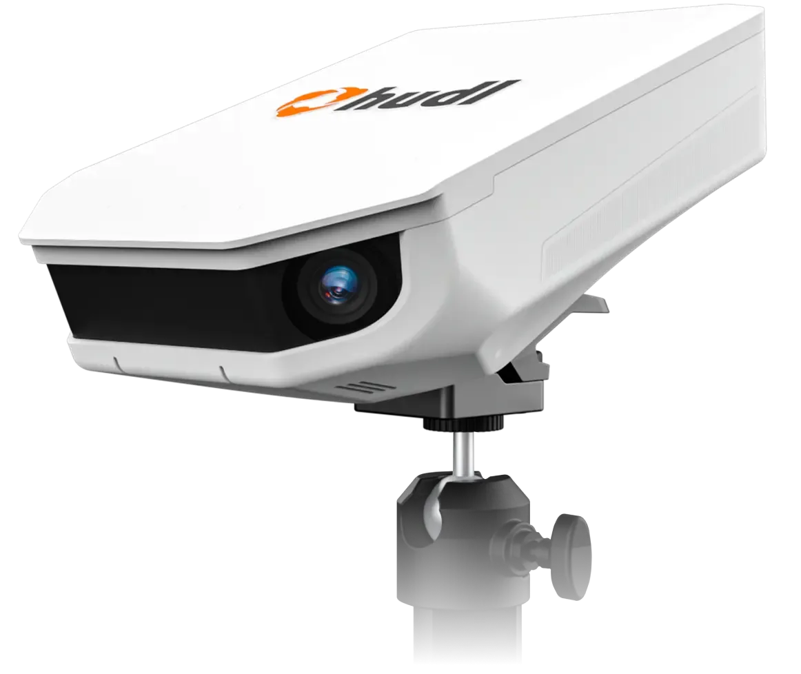 A Hudl Focus Flex camera mounted on a tripod.
